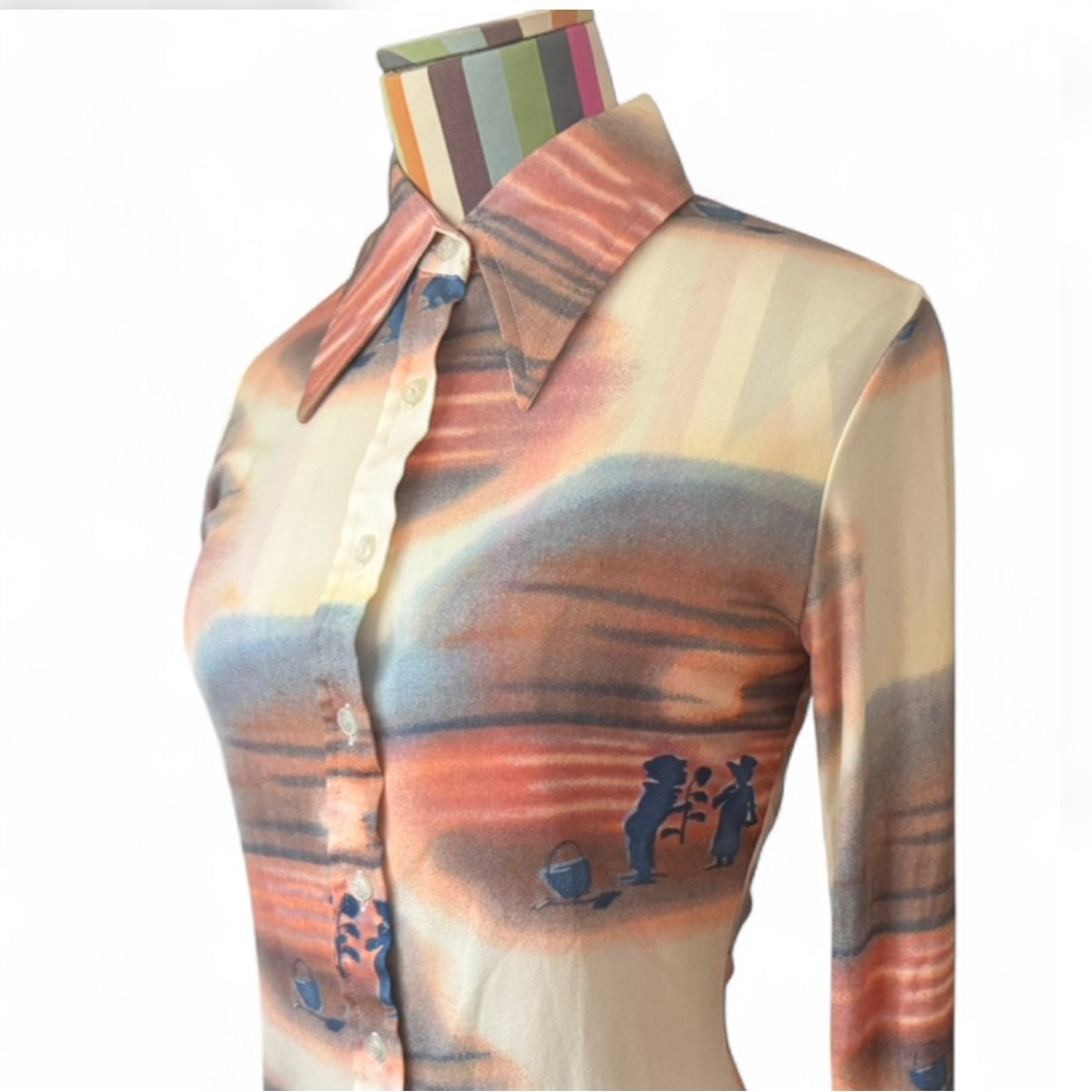 Vintage 1970s Andy’s Juniors Novelty Print Dagger Collar Button Up Blouse